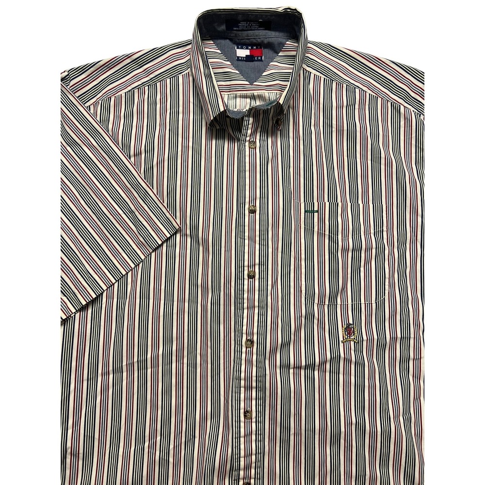 Tommy Hilfiger Mens XL Short Sleeve Crest Button Down Shirt Striped Cotton